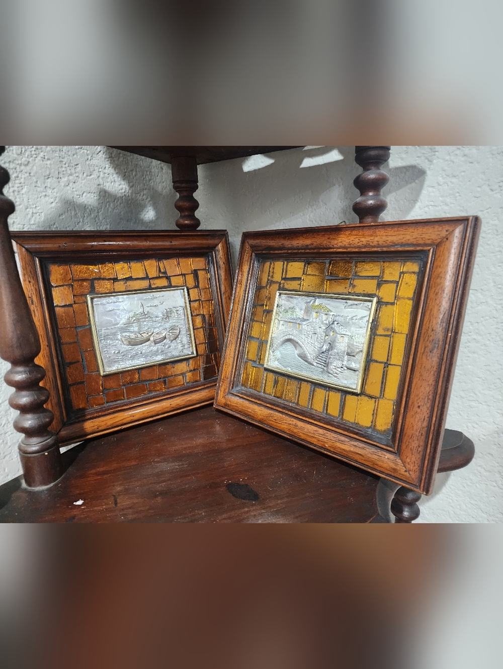 Vintage Creazioni Artistiche Silver Framed Italy Scenery Picture Set Handmade